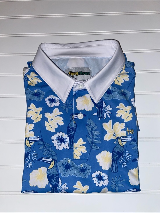 Tipsy Elves Other - Tipsy Elves Blue Botanics Toucan Short Sleeve Golf Polo Preppy Hawaiian Mens L